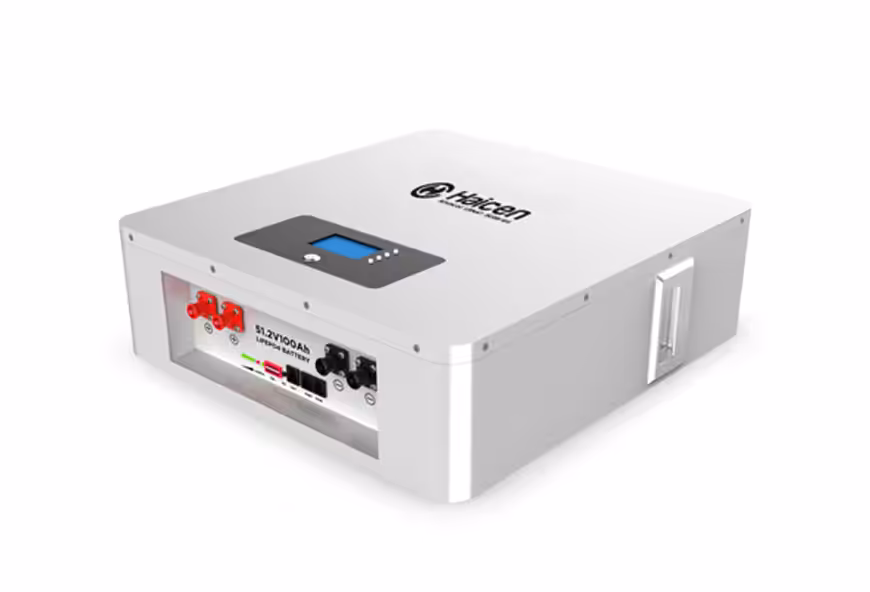 White power inverter with display panel and red/black terminal posts on the front panel (industrial tech device).