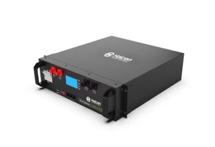 Haicen power solid state battery with red/black battery terminals, blue display, and front panel controls (front view).