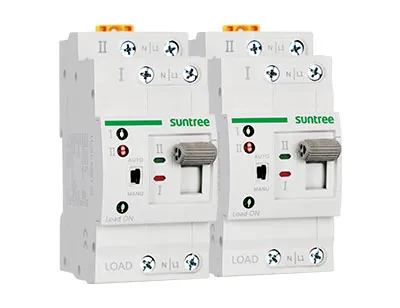 Two white Suntree double-pole circuit breakers mounted side by side on a panel, with LOAD and ON indicators visible and operating levers