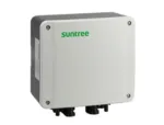Weatherproof gray solar microinverter box with bottom cable connectors and a green Suntree logo.
