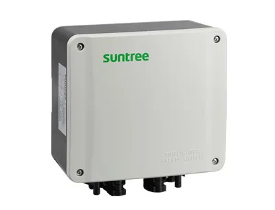 Weatherproof gray solar microinverter box with bottom cable connectors and a green Suntree logo.