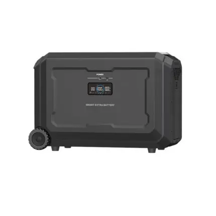 Portable power station with a digital display, rugged case, and a large wheel on the left for mobility.