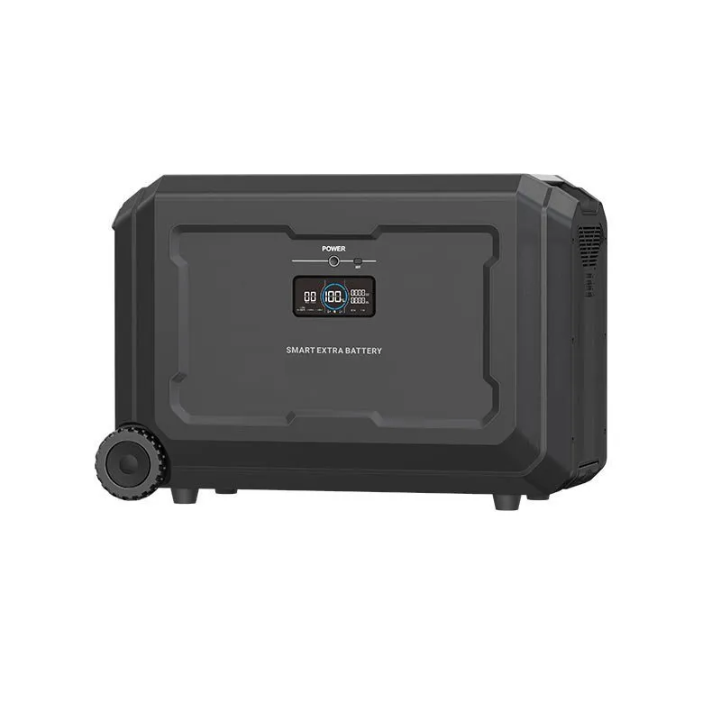 Portable power station with a digital display, rugged case, and a large wheel on the left for mobility.