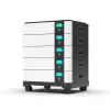 Black and white network-attached storage server with teal status LEDs on the front panel.