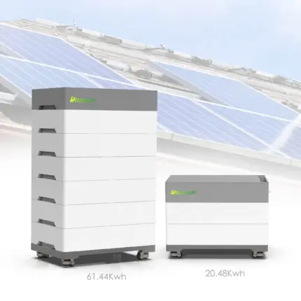 Solar battery storage system with a tall 61.44 kWh unit and a smaller 20.48 kWh unit, both branded ElongTop, against solar panels.